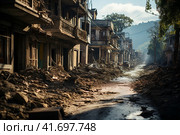 The city after the earthquake, houses destroyed after the war, dirt on the streets,    Generative AI. Стоковое AI-изображение, AI-художник Анна Кривицкая / Фотобанк Лори