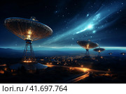 Silhouettes of satellite dishes or radio antennas against the night sky. Space observatory. ,    Generative AI. Стоковое AI-изображение, AI-художник Анна Кривицкая / Фотобанк Лори