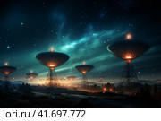 Silhouettes of satellite dishes or radio antennas against the night sky. Space observatory. ,    Generative AI. Стоковое AI-изображение, AI-художник Анна Кривицкая / Фотобанк Лори