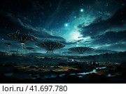 Silhouettes of satellite dishes or radio antennas against the night sky. Space observatory. ,    Generative AI. Стоковое AI-изображение, AI-художник Анна Кривицкая / Фотобанк Лори