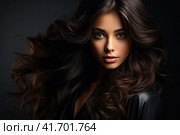 Portrait of a beautiful brunette with long wavy hair on a dark background. Generated by AI. Стоковое AI-изображение, AI-художник Ярославский Максим / Фотобанк Лори