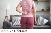 Back pain, kidney inflammation, woman suffering from backache at home, health problems concept. Стоковое видео, видеограф Станислав Тарко / Фотобанк Лори