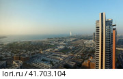 Aerial panoramic view of urban modern district at sunset of Dubai city (2023 год). Стоковое видео, видеограф Aleksandr Golubev / Фотобанк Лори