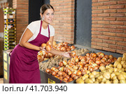 Girl seller of garden stuff store is replenishing showcase with vegetables, puts onion on showcase. Стоковое фото, фотограф Яков Филимонов / Фотобанк Лори