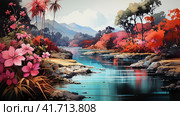 Watercolor tropical jungle and beach, colorful, soothing nursery art, idyllic, paradisiacal. ,    Generative AI. Стоковое AI-изображение, AI-художник Анна Кривицкая / Фотобанк Лори