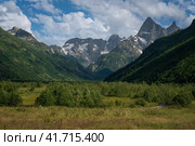View of the floodplain of the Klukhor River in the northern foothills of the Caucasus Mountains near the village of Dombay on a sunny summer day, Karachay-Cherkessia, Russia. Стоковое фото, фотограф Ula Ulachka / Фотобанк Лори