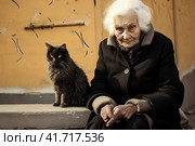 An elderly woman, a pensioner, on the street on a bench with a cat at the entrance.,  Generative AI. Стоковое AI-изображение, AI-художник Анна Кривицкая / Фотобанк Лори