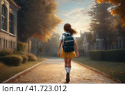 Back to school. Cute caucasian child girl with backpack running and going to school with fun. Little schoolgirl along school road backpack shoulders. school childhood. girl running play after school. AI. Стоковое AI-изображение, AI-художник Sergey Grishin / Фотобанк Лори