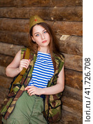 Young woman wearing Red Army form of 1943 year. Стоковое фото, фотограф Андрей Аркуша / Фотобанк Лори