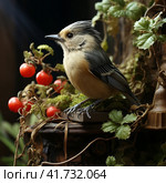 Great titmouse looking out red bird house in the garden surrounded by ivy,  Generative AI. Стоковое AI-изображение, AI-художник Анна Кривицкая / Фотобанк Лори