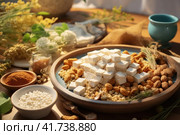 A dish of tempeh, tofu and other soy products in a beautiful presentation. Стоковое AI-изображение, AI-художник Юрий Поздников / Фотобанк Лори