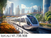 Urban Revolution: Self-Driving Trains Reshaping City Public Transportation. Стоковое AI-изображение, AI-художник Юрий Поздников / Фотобанк Лори