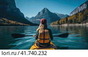 A girl on a yellow canoe is sailing on a mountain lake in calm weather. T Generated by AI. Стоковое AI-изображение, AI-художник Ярославский Максим / Фотобанк Лори