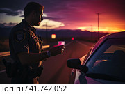 The policeman carried out a traffic stop and checks the driver's documents. Generated by AI. Стоковое AI-изображение, AI-художник Ярославский Максим / Фотобанк Лори
