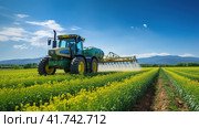 Watering, treating fields with crops with Pesticides and Herbicides on a tractor. Agricultural industry. Стоковое AI-изображение, AI-художник Ирина Ручушкина / Фотобанк Лори