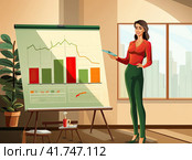 A young beautiful girl holds a presentation of her project at a meeting of colleagues. The concept of office work. Generated by AI. Стоковое AI-изображение, AI-художник Ярославский Максим / Фотобанк Лори
