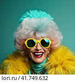 An elderly beautiful woman with bright dyed hair and sunglasses. Generated by AI. Стоковое AI-изображение, AI-художник Ярославский Максим / Фотобанк Лори