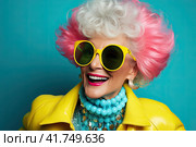 An elderly beautiful woman with bright dyed hair and sunglasses. Generated by AI. Стоковое AI-изображение, AI-художник Ярославский Максим / Фотобанк Лори
