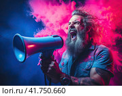 A young enraged man shouts violently into a megaphone. Purple-blue smoke on the background. Generated by AI. Стоковое AI-изображение, AI-художник Ярославский Максим / Фотобанк Лори