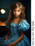 Young girl, child in a blue fluffy dress in retro style. vintage,  Generative AI. Стоковое AI-изображение, AI-художник Анна Кривицкая / Фотобанк Лори