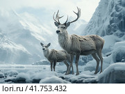 Reindeer with a fawn against the background of a lake and mountains. winter ,  Generative AI. Стоковое AI-изображение, AI-художник Анна Кривицкая / Фотобанк Лори