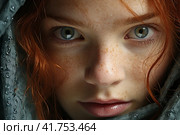 Red-haired girl with eyes with heterochromia close-up,  Generative AI. Стоковое AI-изображение, AI-художник Анна Кривицкая / Фотобанк Лори