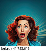 A young beautiful girl with brown hair with an open mouth is very surprised. Generated by And . Стоковое AI-изображение, AI-художник Ярославский Максим / Фотобанк Лори