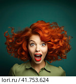 A young beautiful girl with brown hair with an open mouth is very surprised. Generated by And . Стоковое AI-изображение, AI-художник Ярославский Максим / Фотобанк Лори