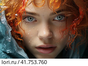 Red-haired girl with eyes with heterochromia close-up,  Generative AI. Стоковое AI-изображение, AI-художник Анна Кривицкая / Фотобанк Лори