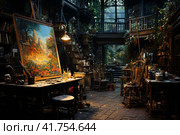 Clean, tidy, modern Painter's Studio,nigth, darkness,, watercolor ,  Generative AI. Стоковое AI-изображение, AI-художник Анна Кривицкая / Фотобанк Лори