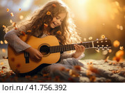 Young girl playing the guitar with enthusiasm and passion outdoors. Стоковое AI-изображение, AI-художник Юрий Поздников / Фотобанк Лори