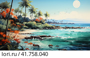 Watercolor tropical jungle and beach, colorful, soothing nursery art, idyllic, paradisiacal. ,    Generative AI. Стоковое AI-изображение, AI-художник Анна Кривицкая / Фотобанк Лори