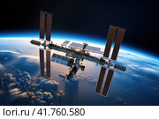 Astonishing View of the International Space Station (ISS) Hovering over Earth in Space Endeavors. Стоковое AI-изображение, AI-художник Юрий Поздников / Фотобанк Лори