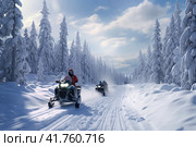 Challenging Snowmobiling Adventure: Exploring Winter Nature in Snowy Forests. Стоковое AI-изображение, AI-художник Юрий Поздников / Фотобанк Лори