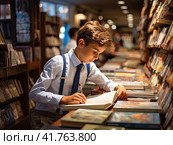 A little boy in a large library. Generated by AI. Стоковое AI-изображение, AI-художник Ярославский Максим / Фотобанк Лори