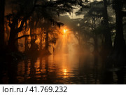 Dawn landscape with river in swampy rainforest, bayou, flooded forest. Стоковое AI-изображение, AI-художник Евгений Харитонов / Фотобанк Лори