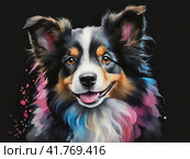 Funny Australian Shepherd (Aussie), watercolor drawing. Стоковое AI-изображение, AI-художник Сергей Елизарьев / Фотобанк Лори