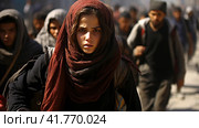 Portrait of Refugees on middle east looking at camera. Homeless people, unhappy and frightened, shawl camps,  Generative AI. Стоковое AI-изображение, AI-художник Анна Кривицкая / Фотобанк Лори
