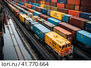 Atercolor style aerial view of a colorful train with boxcars,  Generative AI. Стоковое AI-изображение, AI-художник Анна Кривицкая / Фотобанк Лори
