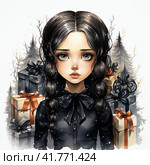 All dark black Wednesday Addams 2022 clipart , black watercolor painting, black color, christmas tree and presents Generative AI. Стоковое AI-изображение, AI-художник Анна Кривицкая / Фотобанк Лори