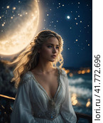 Fairytale princess against the backdrop of the starry sky and sea. Стоковое AI-изображение, AI-художник Сергей Елизарьев / Фотобанк Лори