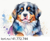 Funny Bernese Mountain Dog puppy, herding dog, watercolor drawing. Стоковое AI-изображение, AI-художник Сергей Елизарьев / Фотобанк Лори