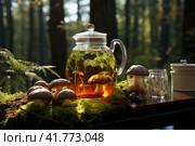 Glass tea pot with mushroom tea for health and fresh mushrooms on wooden board with green moss on blurred forest background. New Superfood Trend. Immune boosting sustainable drink. Стоковое AI-изображение, AI-художник Ирина Михайличенко / Фотобанк Лори