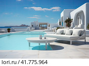 Sea view. Luxury modern white beach hotel with swimming pool. Sunbed on sundeck for vacation home or hotel. Стоковое AI-изображение, AI-художник Ирина Михайличенко / Фотобанк Лори