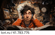 Sleep-deprived man tired from midnight work, computer developer, cartoon style  Generative AI. Стоковое AI-изображение, AI-художник Анна Кривицкая / Фотобанк Лори