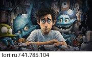 Sleep-deprived man tired from midnight work, computer developer, cartoon style  Generative AI. Стоковое AI-изображение, AI-художник Анна Кривицкая / Фотобанк Лори