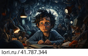 Sleep-deprived man tired from midnight work, computer developer, cartoon style  Generative AI. Стоковое AI-изображение, AI-художник Анна Кривицкая / Фотобанк Лори