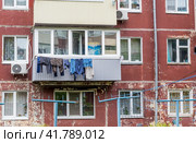 Балкон панельной хрущевки, на котором сушится белье. Россия, Владивосток (2022 год). Стоковое фото, фотограф Денис Станиславович Кабелев / Фотобанк Лори