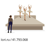 Женщина стоит и смотрит на балерин, танцующих на подиуме на белом фоне. Стоковая иллюстрация, иллюстратор Карпенко Алексей / Фотобанк Лори