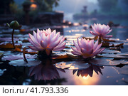 Lotuses on the lake, purple evening sunset light  Generative AI. Стоковое AI-изображение, AI-художник Анна Кривицкая / Фотобанк Лори
